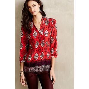 Anthropologie Maeve Woodland Walk Button Front Red Rayon Shirt Size 10